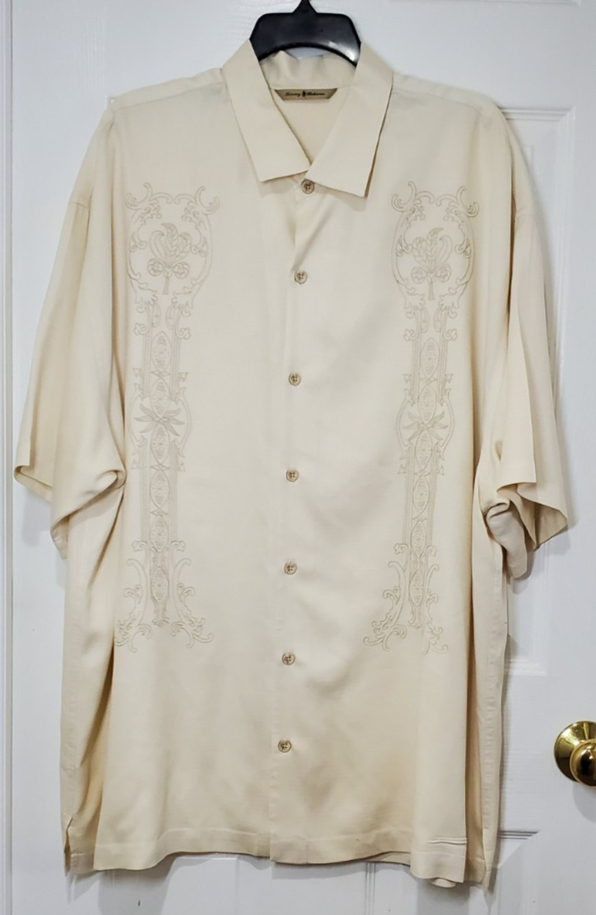 Tommy Bahama Mens XXL Silk Shirt Beige Embroidered Camp Button Front Casual